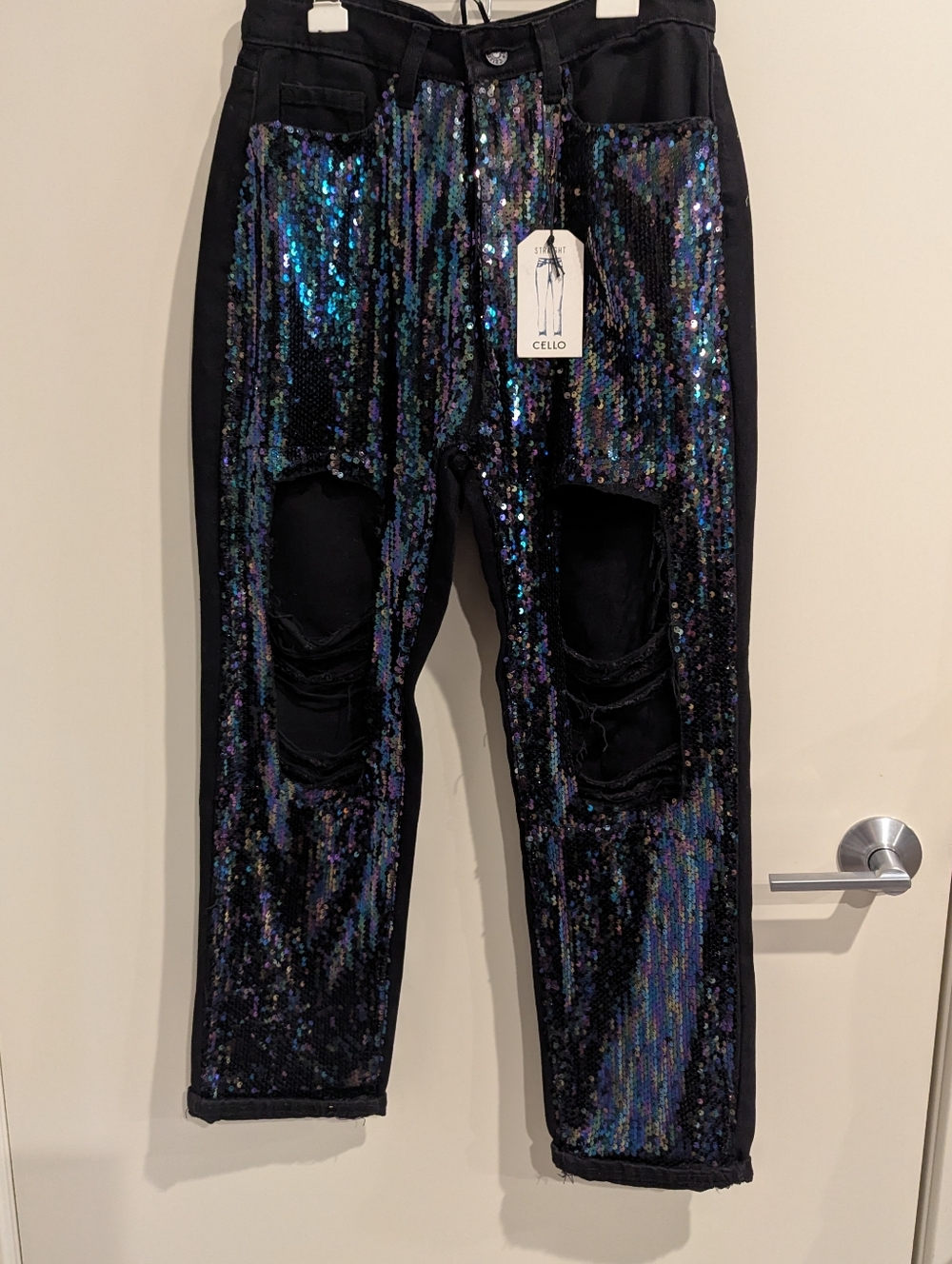 Cello Black Jeans with Iridescent Blue-Purple Sequin Panels NWT - Picture 1 of 6